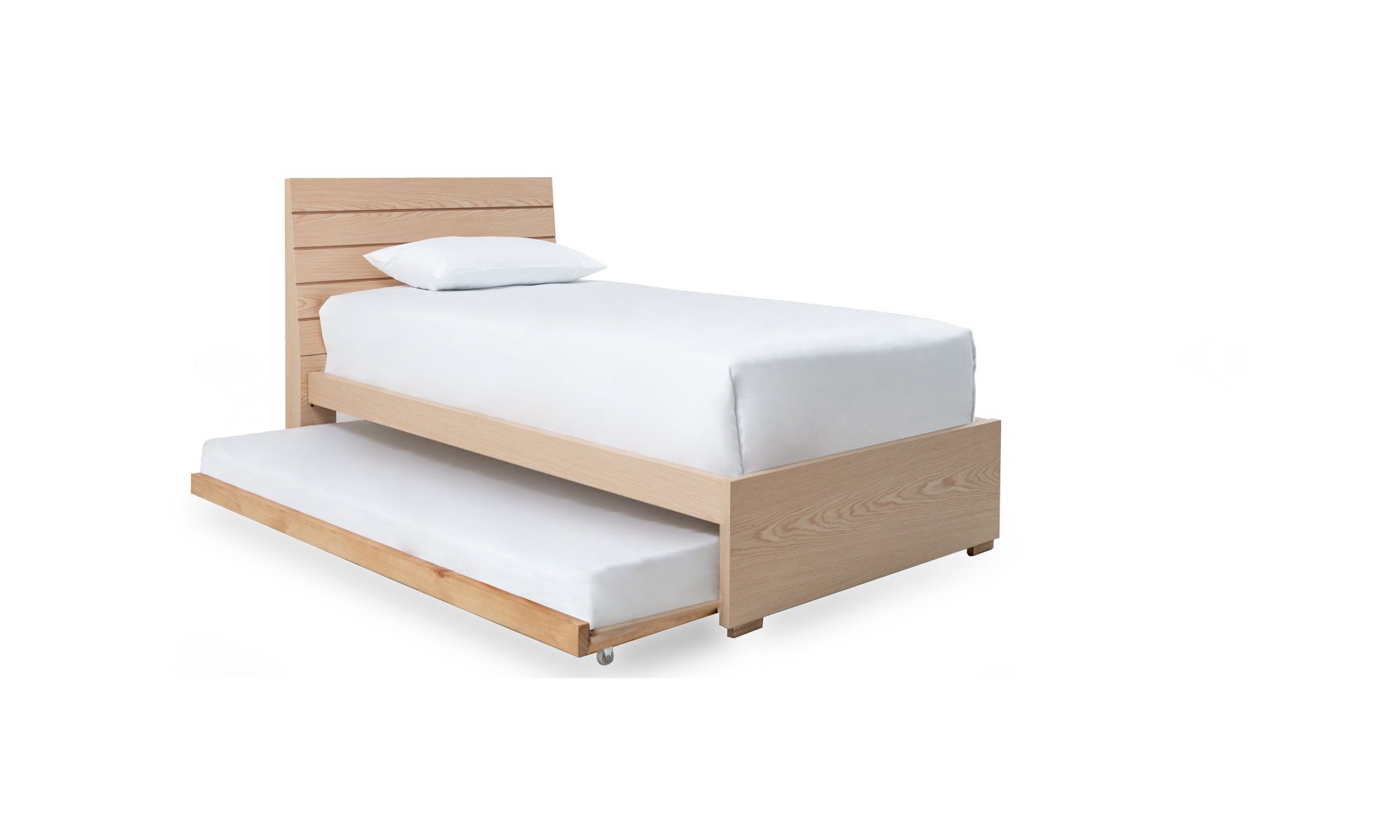 3,4 (9) Cama New Verona Atenea Nido de la marca Aristas vista en perspectiva diagonal. Cuenta con un cabecero en roble europeo de acabado natural y diseƱo minimalista que incluye una cama nido oculta en la parte inferior.