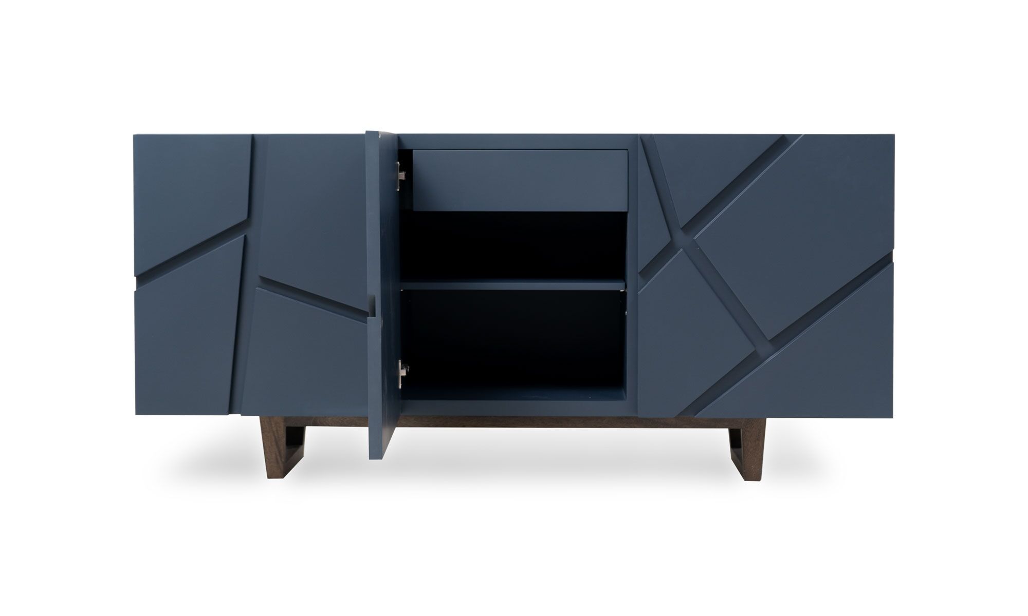 frente-puerta-central-abierta Aparador Osaka Sólido de la marca Aristas visto en perspectiva frontal. Un diseño moderno que presenta una estructura de líneas limpias y un acabado elegante de color Royal Blue. Cuenta con múltiples puertas de superficie lisa y una base en madera color Olmo.