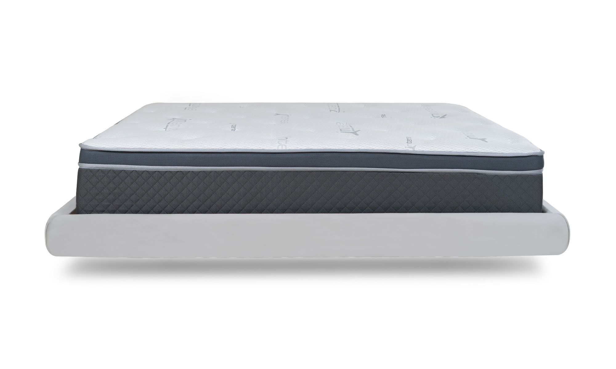 lado (centto plush base apolo Vista lateral de la Basecama Apolo + Colchón Centto Plus de Aristas y Sauter tech. La basecama Apolo cuenta con un diseño robusto y minimalista, con una estructura firme y un acabado en tela suave. El colchón Centto Plus tiene un diseño moderno con una supericie acolchada y está diseñado con tecnología 5 Zone Pocket Spring.