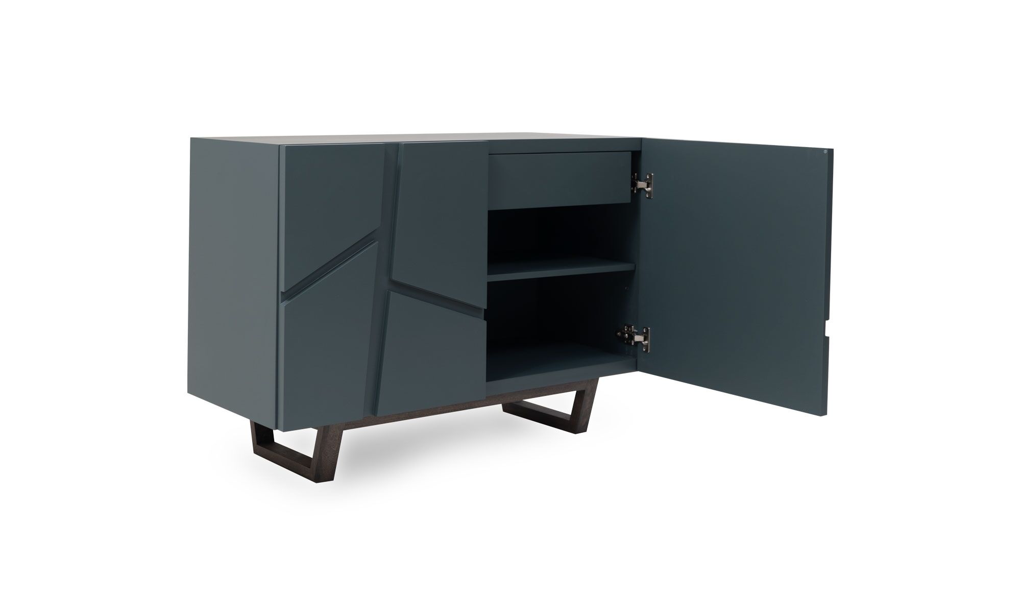 3,4-puerta-abierta Aparador Osaka Sólido 110 de la marca Aristas visto en perspectiva diagonal. Este diseño destaca por su estructura moderna y compacta. Tiene dos puertas lisas de color Royal Blue que aportan gran espacio de almacenamiento.