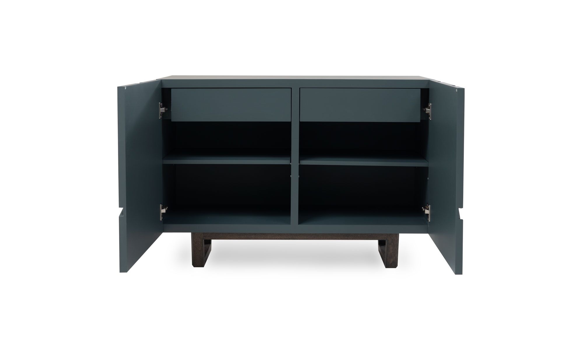 frente-dos-puertas-abiertas Aparador Osaka Sólido 110 de la marca Aristas visto en perspectiva frontal. Este diseño destaca por su estructura robusta y estilo moderno. Tiene dos puertas lisas y un cajón superior de color Royal Blue.