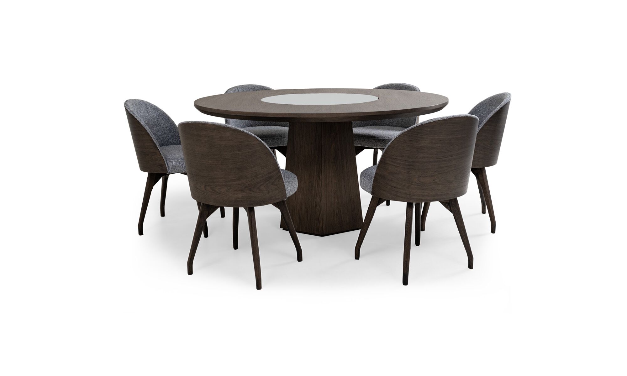 3,4 MILANO GIR EROS Vista frontal de la Mesa de Comedor Milano giratoria con 6 sillas Eros de la marca Aristas. La mesa presenta un diseƱo elegante, con una base robusta y un plato giratorio en el color Gris Niebla. Las sillas Eros, tienen un respaldo curvo y patas estilizadas en madera color Ceniza.