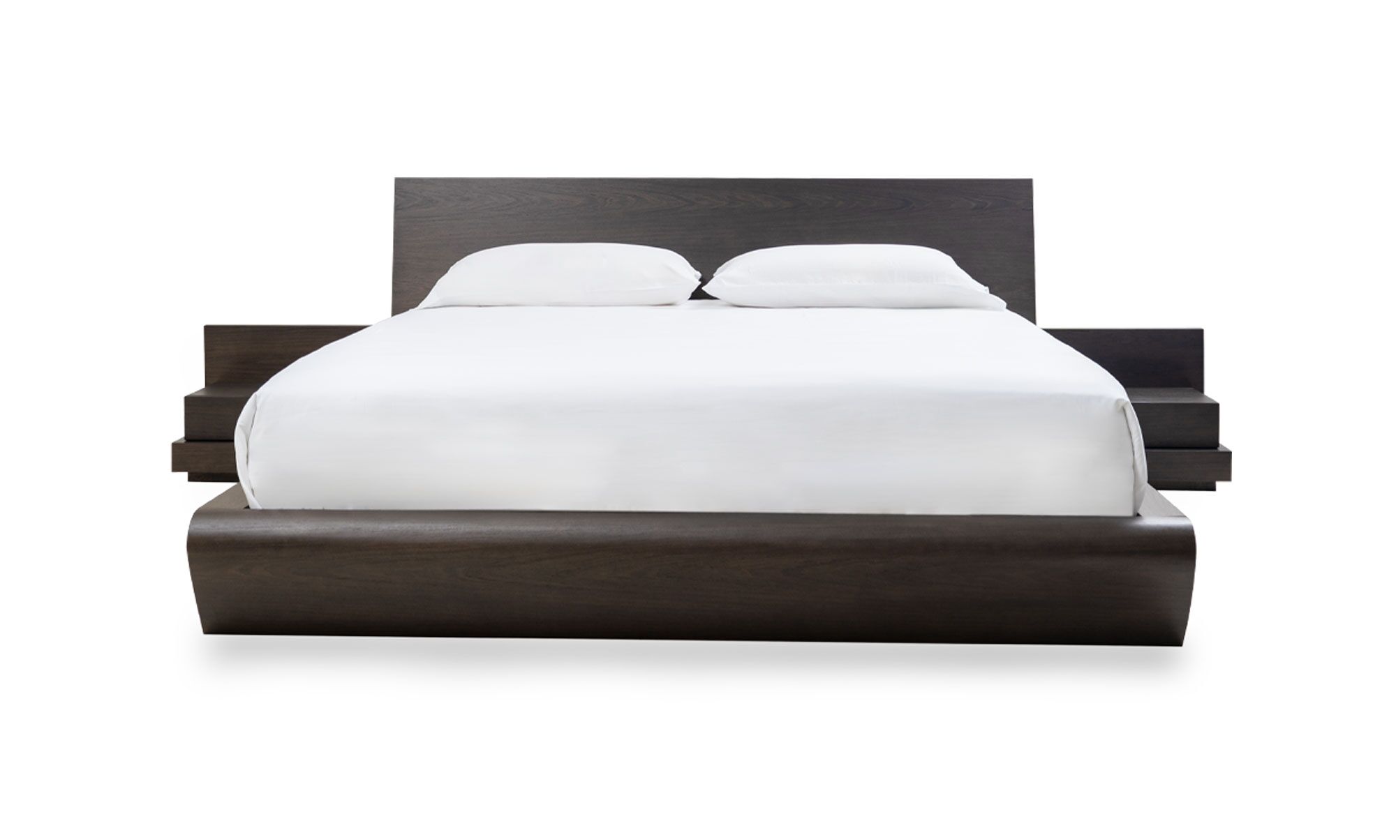 frente (8) Vista frontal de la Cama Ese con Nochero Oriental de la marca Aristas. Un diseño elegante y funcional que presenta una estructura minimalista de líneas rectas y curvas sutiles en roble europeo.