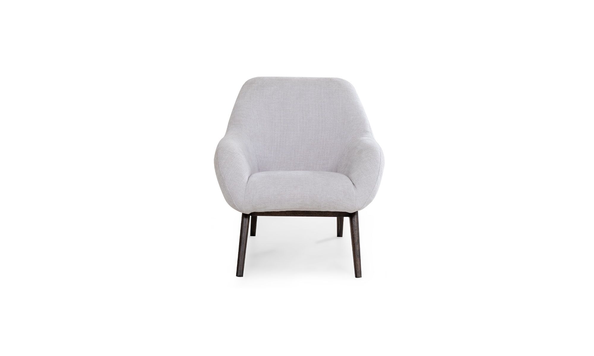 frente (1) Poltrona Memphis de la marca Aristas, vista frontal. Presenta un diseño moderno de líneas limpias, con un asiento y respaldo amplios, tapizados en tela de tono neutro. La estructura incluye patas rectas en madera que complementan su estilo contemporáneo.