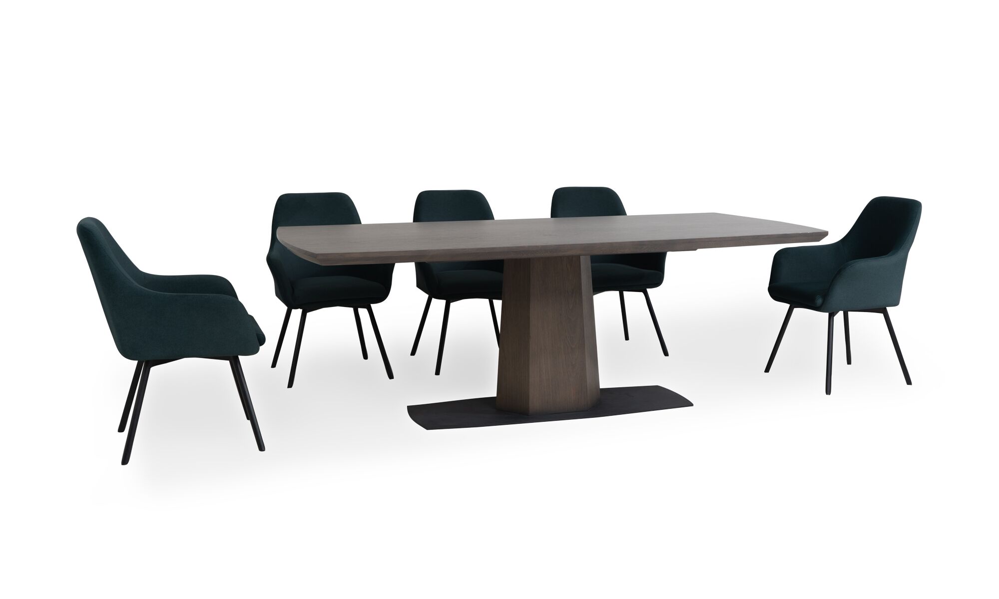 3,4 napoles turin Mesa Comedor Nápoles con 8 Sillas Turín de la marca Aristas vista en diagonal. La mesa tiene un diseño rectangular color Ceniza y las sillas Turín presentan un respaldo alto y curvado, con asientos en el color de tela Nobuck Marino.