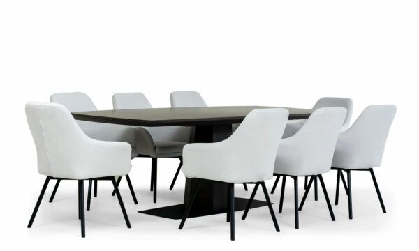 napoles-turin 3.4 (1) Mesa Comedor Nápoles con 8 Sillas Turín P/N de la marca Aristas vista en diagonal. La mesa tiene una forma rectangular de acabado liso en madera color Ceniza, y, las sillas Turín cuentan con un respaldo alto y acolchado de color Dickens Cuarzo.