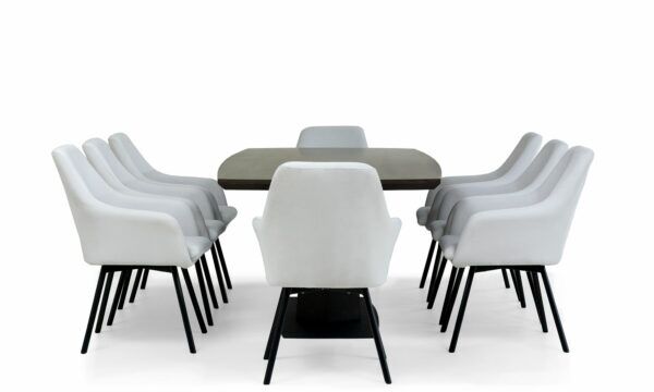 napoles-turin lado (1) Mesa Comedor Nápoles con 8 Sillas Turín P/N de la marca Aristas vista lateral. La mesa tiene una forma rectangular de acabado liso en madera color Ceniza, y, las sillas Turín cuentan con un respaldo alto y acolchado de color Dickens Cuarzo.