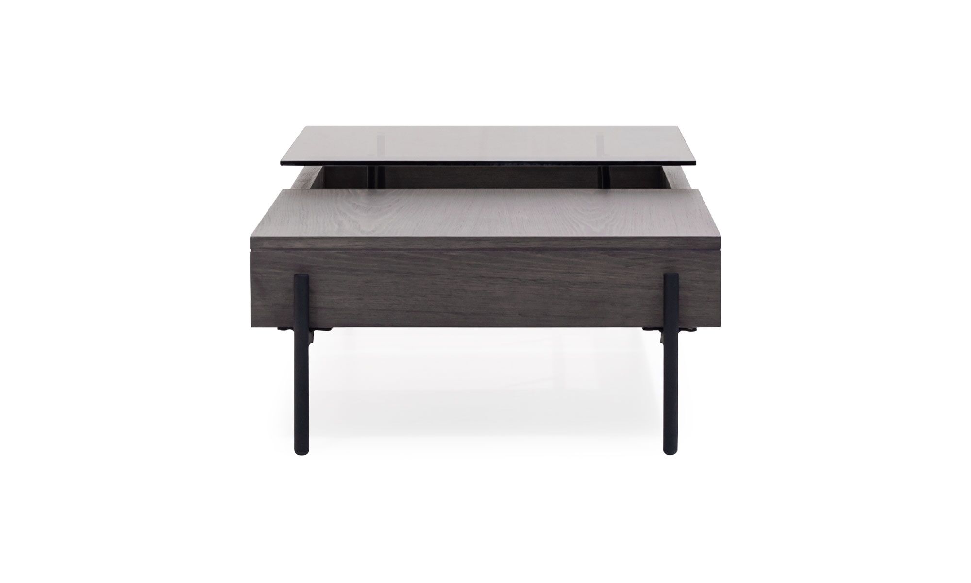 3.Mesa-centro-maia-plus-rectangular Vista lateral de la Mesa de Centro Maia Plus rectangular de la marca Aristas. Su diseño moderno y contemporáneo destaca por una estructura robusta, con una superficie de vidrio y patas delgadas en metal.