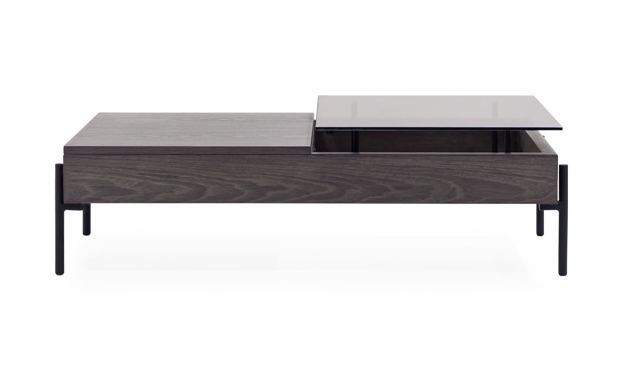 Mesa-centro-maia-plus-rectangular Vista frontal de la Mesa de Centro Maia Plus rectangular de la marca Aristas. Un diseño moderno y contemporáneo con una estructura robusta en madera color Ceniza y una superficie de vidrio.