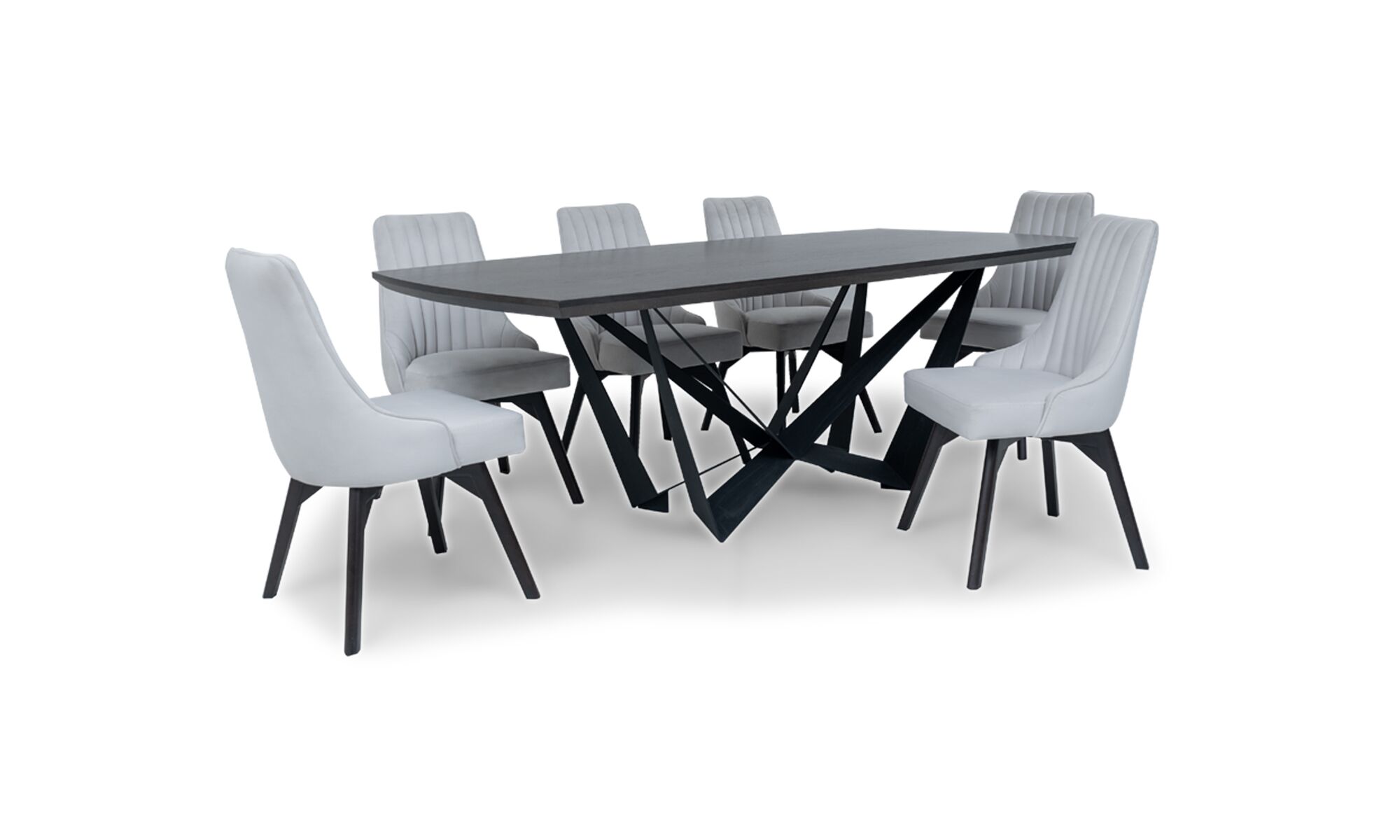 3,4-silla-volteada VERSALLES FLORENCIA Vista diagonal de la Mesa Comedor Versalles y 6 Sillas Florencia de la marca Aristas. La mesa presenta un diseño elegante, con una superficie en madera y una base metálica de color negro. Las sillas Florencia complementan el conjunto con respaldos altos y líneas elegantes.