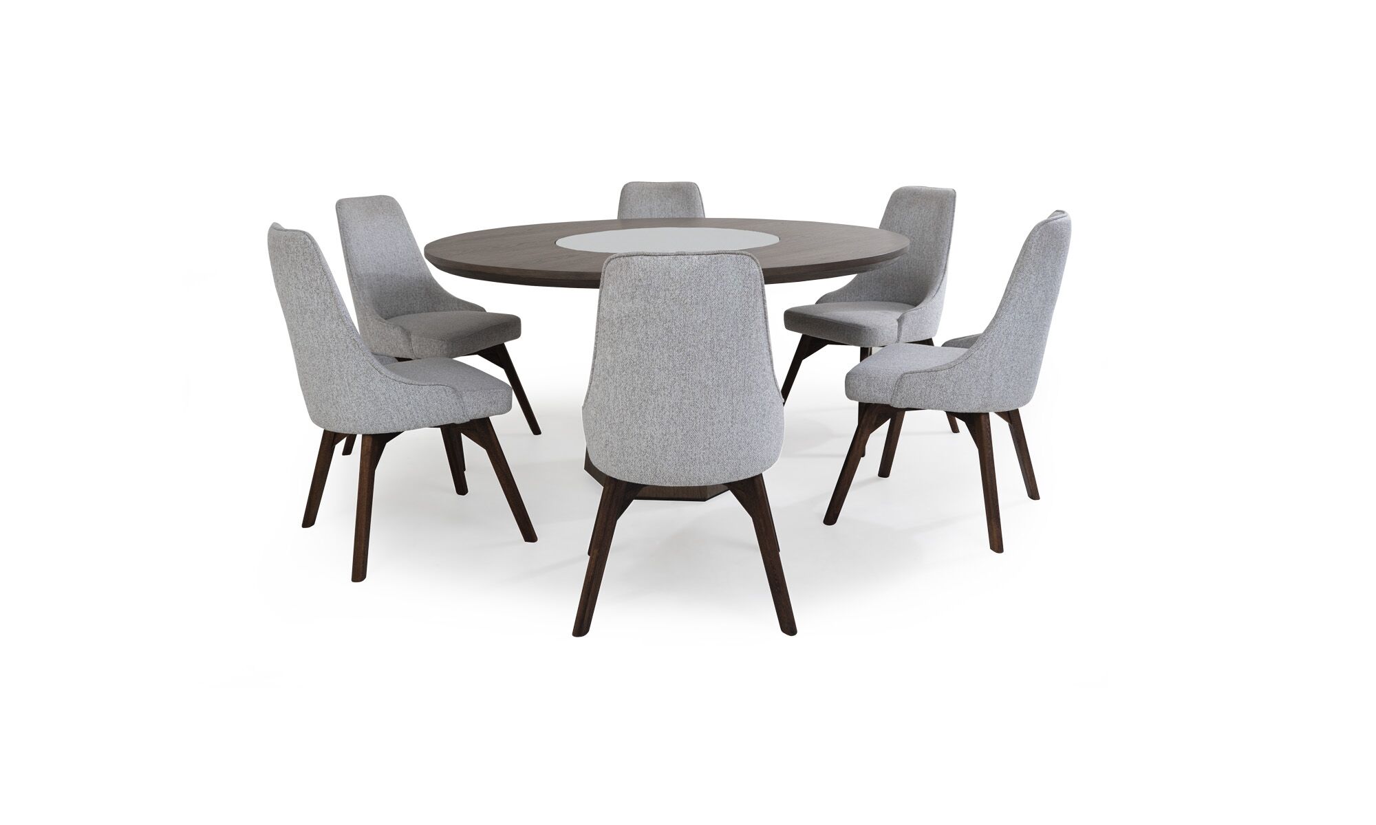frente MILANO GIR VELA Vista frontal de la Mesa de Comedor Milano con plato giratorio y 6 sillas Vela de la marca Aristas. La mesa destaca por su diseño contmporáneo y moderno, con una base robusta en madera y un plato giratorio central. Las sillas Vela, tienen un respaldo alto y un tapizado elegante.