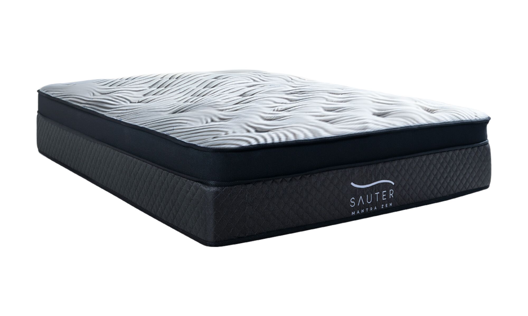 Mantra zenn 3_4 Colchón Mantra de la marca Sauter, visto en diagonal, con diseño moderno y acabado en tela suave, incluye sistema de alta tecnología Mini Pocket Spring en tela cebra