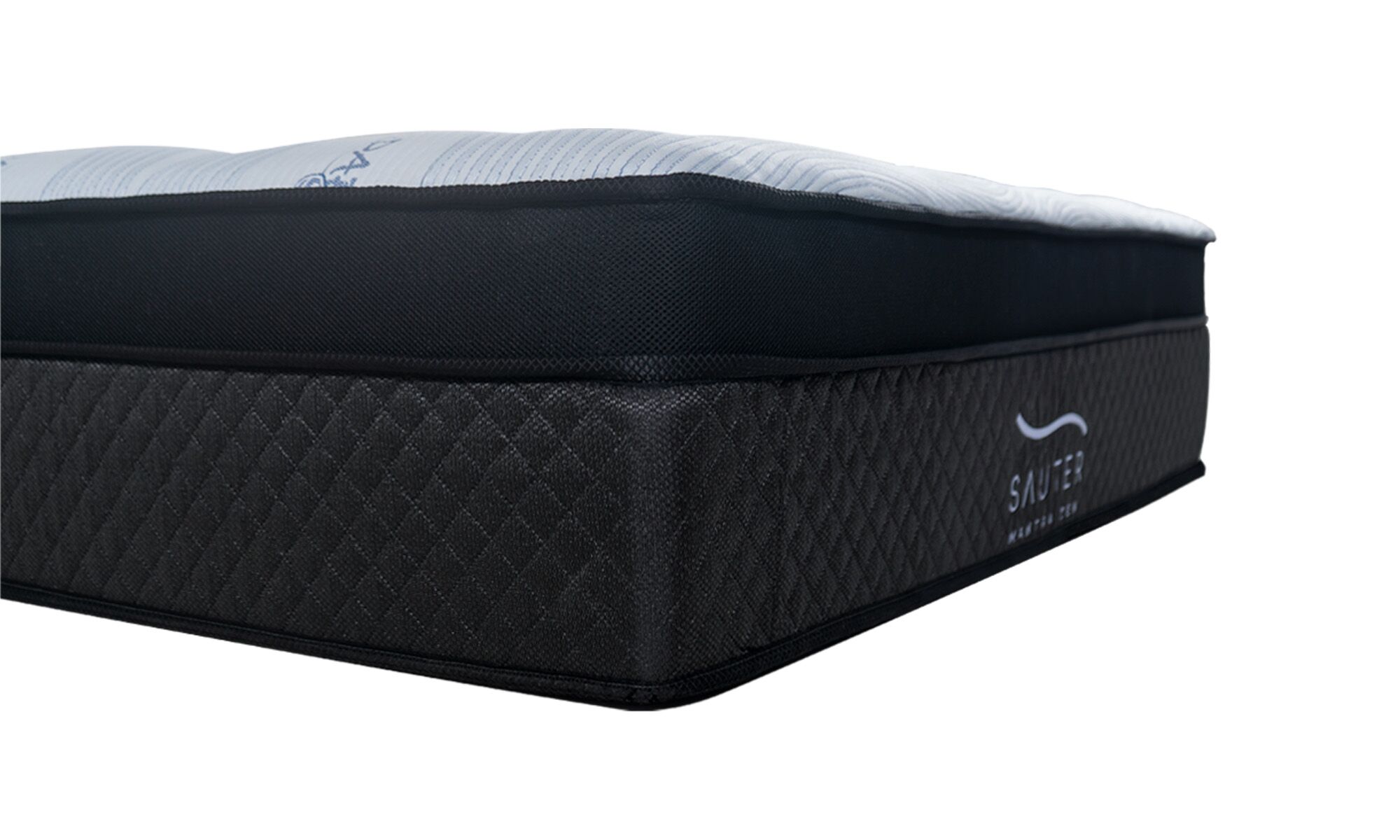 mantra adap detalle Colchón Mantra de la marca Sauter tech, visto en detalle. Un diseño con tecnología Mini Pocket Spring y una superficie acolchada y suave en tela Adaptive Ch.