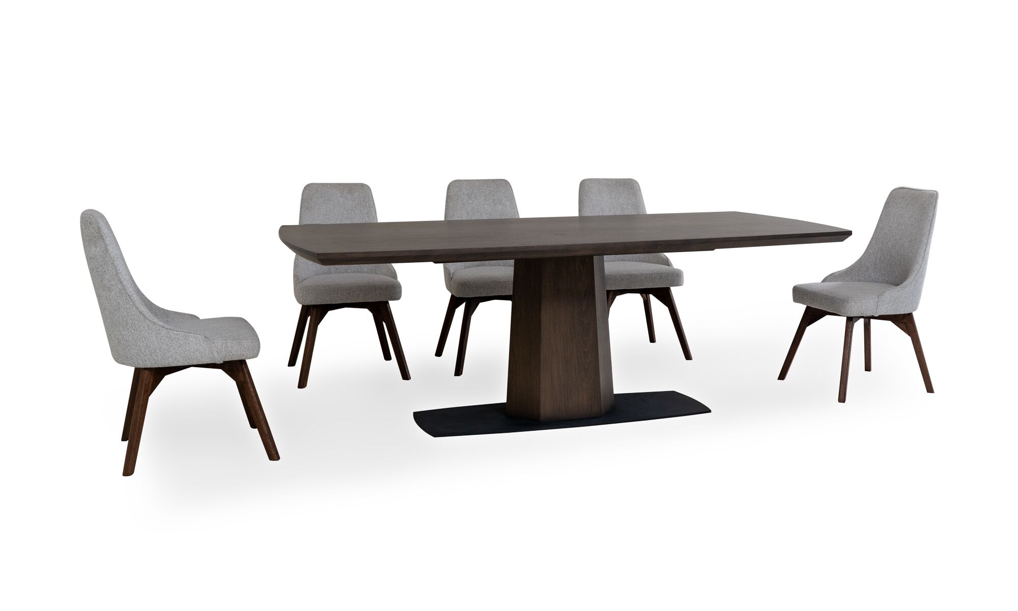 3,4 NAPOLES VELA Vista diagonal de la Mesa Comedor Nápoles con 8 sillas Vela de la marca Aristas. La mesa tiene un diseño rectangular y acabados modernos en madera color Ceniza, mientras que las sillas Vela tienen un respaldo alto y líneas sencillas en el color de tela Derza Plata.