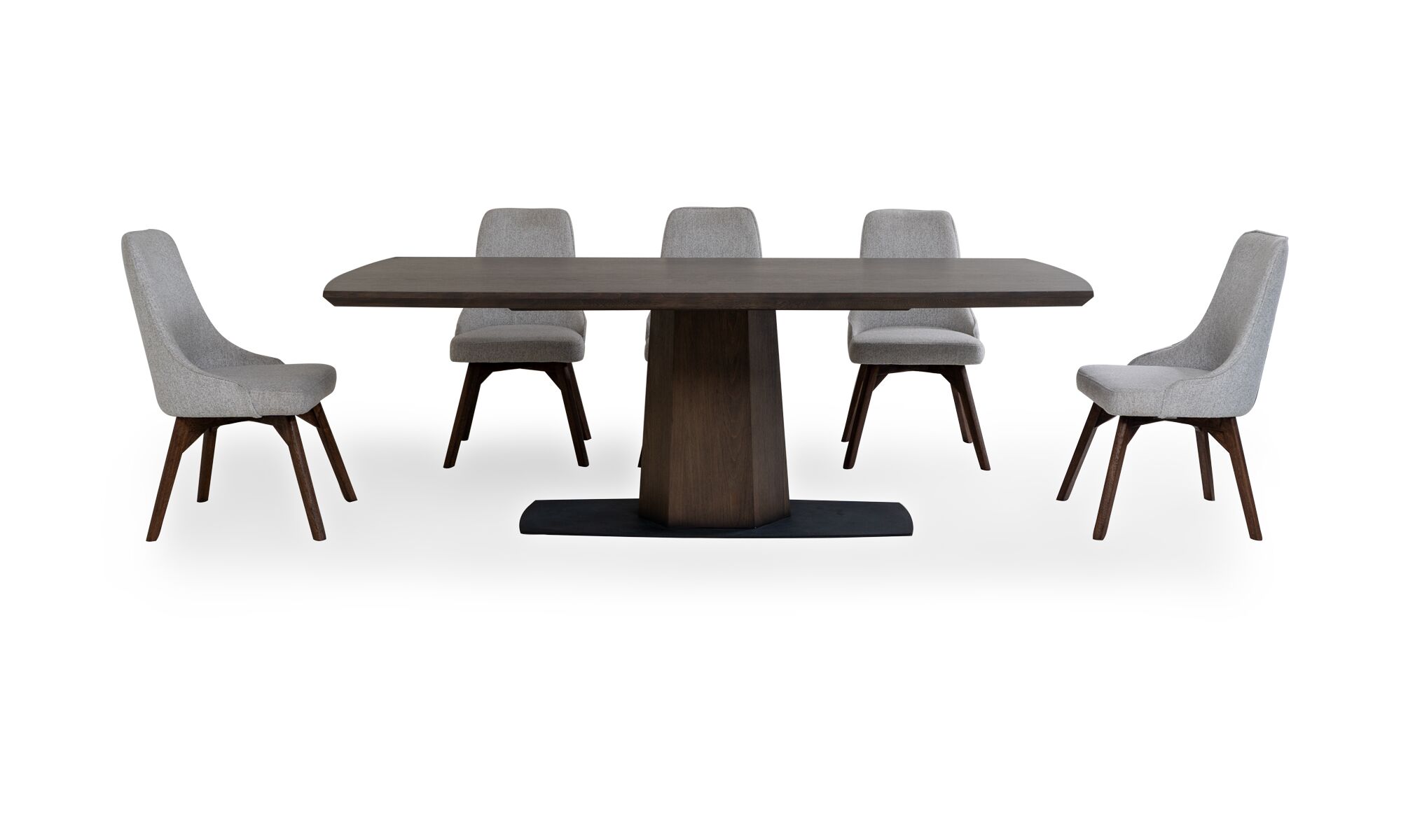 Comedor napoles + sillas Vela Vista frontal de la Mesa Comedor Nápoles con 8 sillas Vela de la marca Aristas. La mesa tiene un diseño rectangular con una superficie lisa y acabados modernos en madera color chocolate, y las sillas Vela tienen respaldo alto y líneas sencillas en el color de tela Derza Plata que complementan el conjunto.