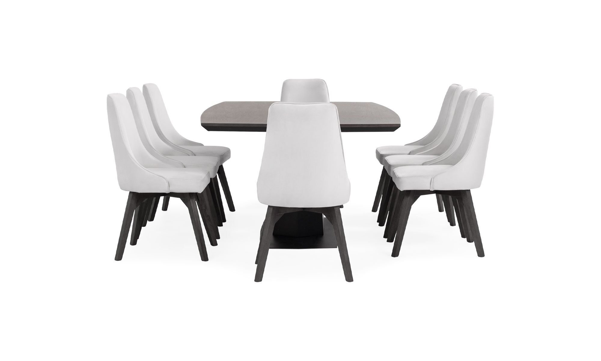 3.MESA-COMEDOR-NAPOLES-MADERA-8-SILLAS-VELA Vista frontal de la Mesa Comedor Nápoles con 8 sillas Vela de la marca Aristas. La mesa tiene un diseño rectangular con una superficie lisa y una base robusta, aportando un estilo elegante. Mientras que las sillas Vela tienen respaldo alto y líneas sencillas que complementan el conjunto.