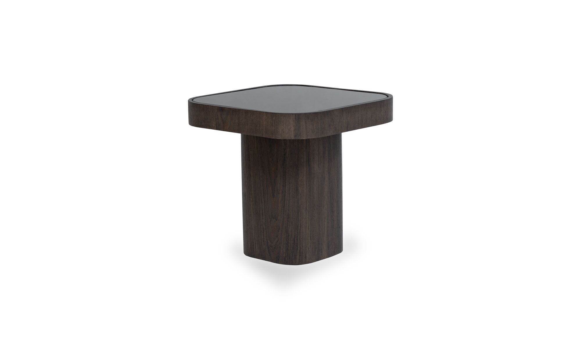 3-4 aux roma Vista diagonal de la Mesa Auxiliar Roma de la marca Aristas. Un diseƱo elegante, que presenta una supercie en espejo, sostenida por una base alta y robusta en madera color Ceniza.