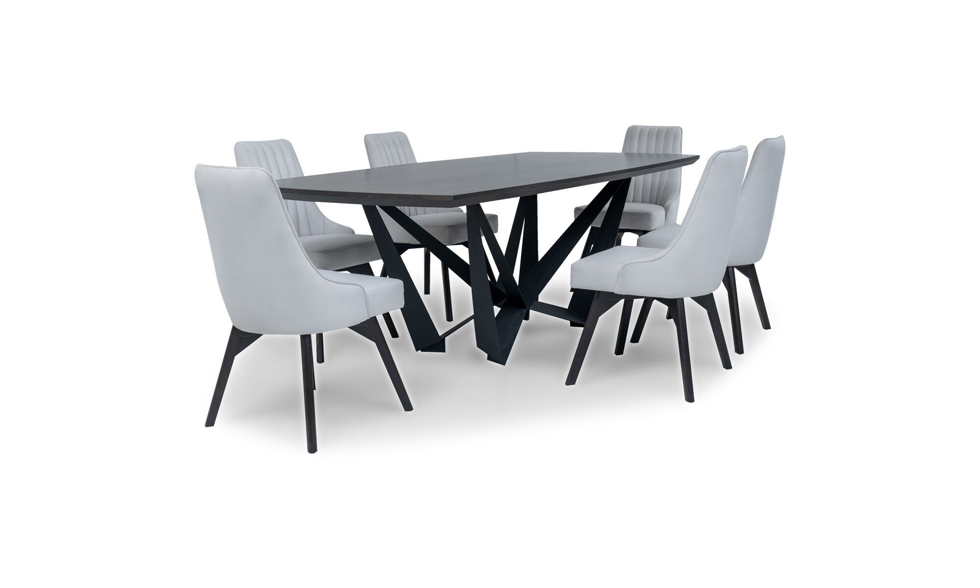 3,4 VERSALLES FLORENCIA Vista diagonal de la Mesa Comedor Versalles y 6 Sillas Florencia de la marca Aristas. La mesa presenta un diseño elegante en madera y una base metálica moderna. Las sillas Florencia complementan el conjunto con respaldos altos y un tapizado suave.