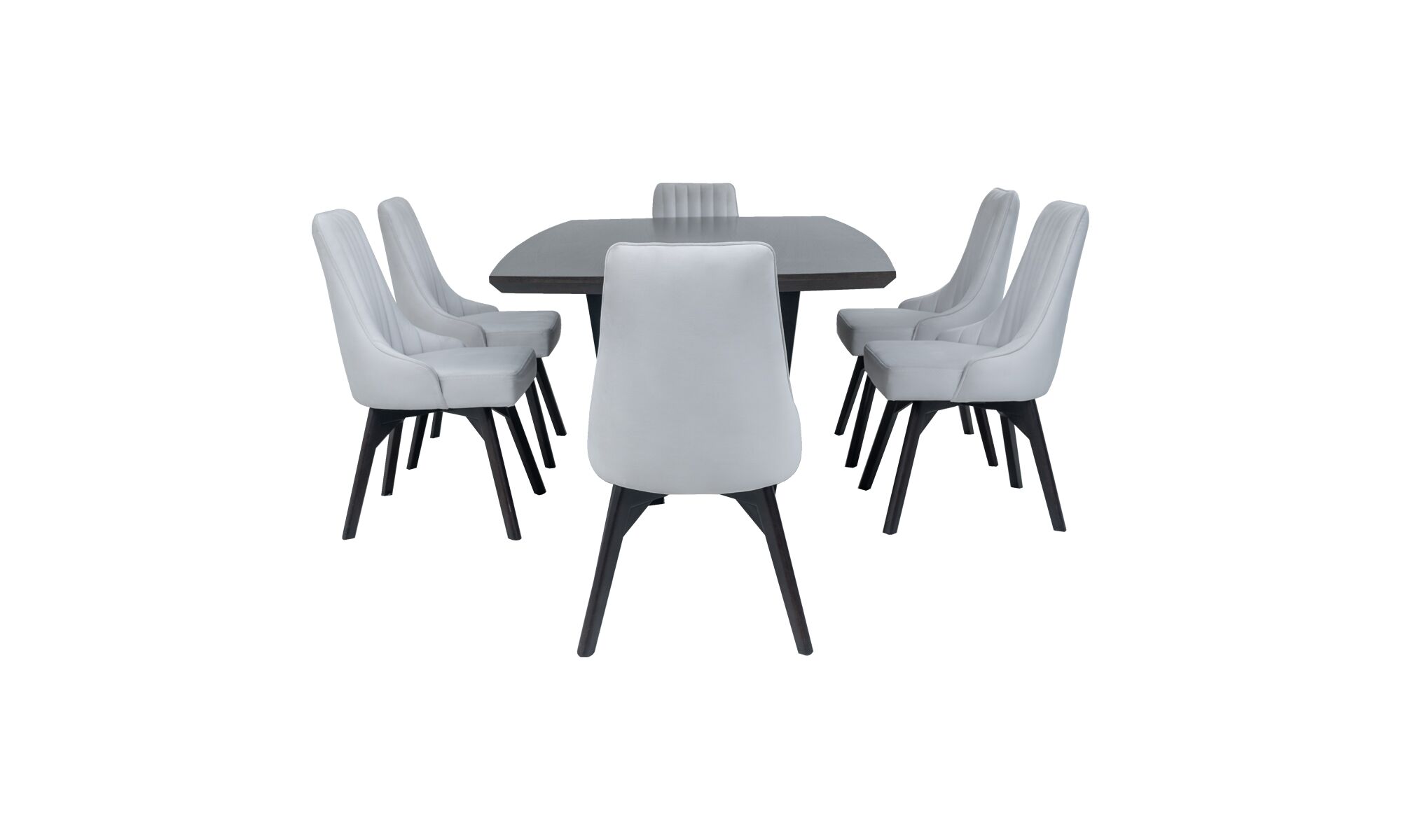 Vertical VERSALLES FLORENCIA Vista lateral de la Mesa Comedor Versalles y 6 Sillas Florencia de la marca Aristas. La mesa presenta un diseño clásico con una superficie en madera color Ceniza y una base metálica. Las sillas Florencia complementan el conjunto con respaldos altos y asientos tapizados en tela suave.