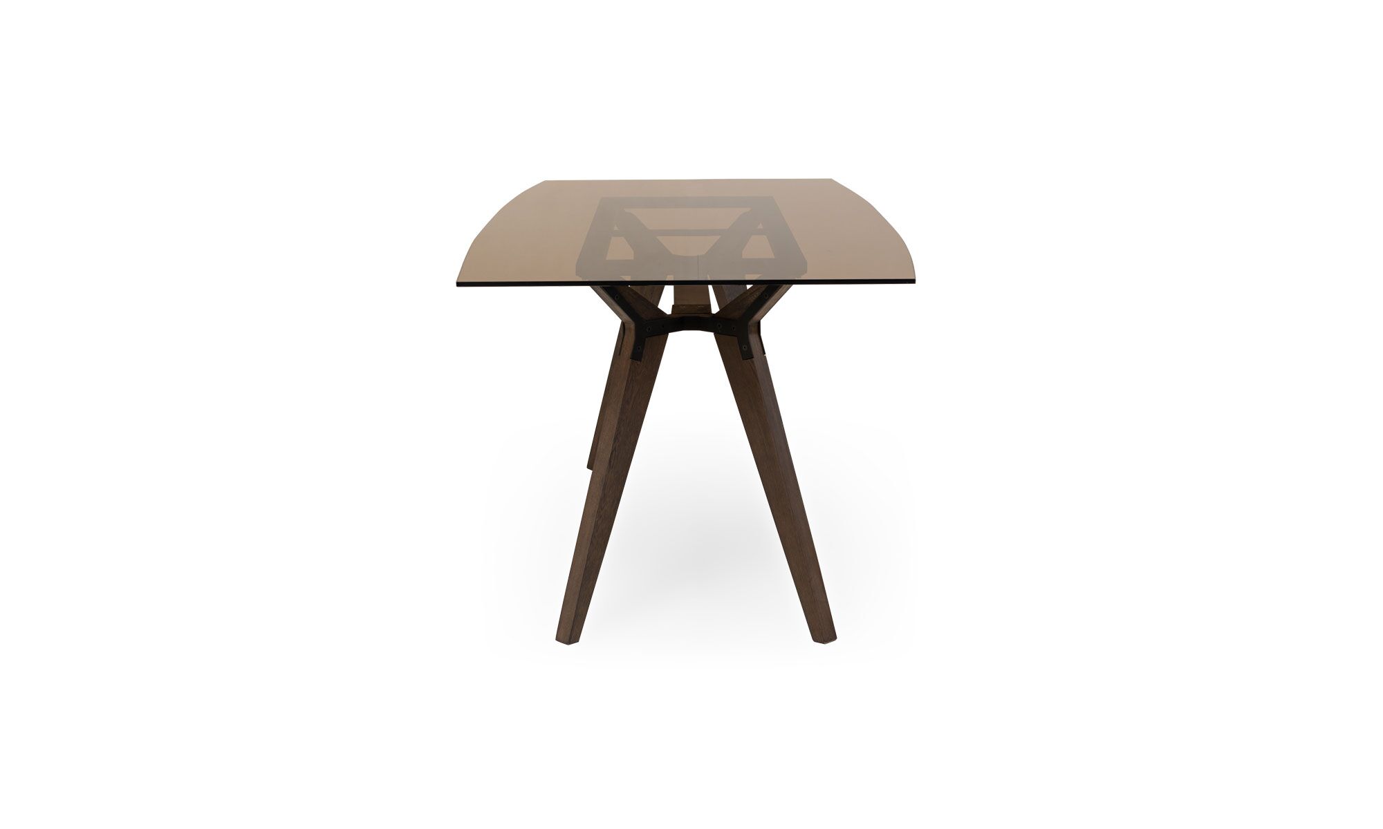 vertical ATALANTA VIDRIO BARRIL Mesa Comedor Atalanta Vidrio 6 Puestos de la marca Aristas vista en perspectiva lateral. El diseño presenta una estructura moderna con una superficie de vidrio transparente rectangular, sostenida por una base robusta de madera.