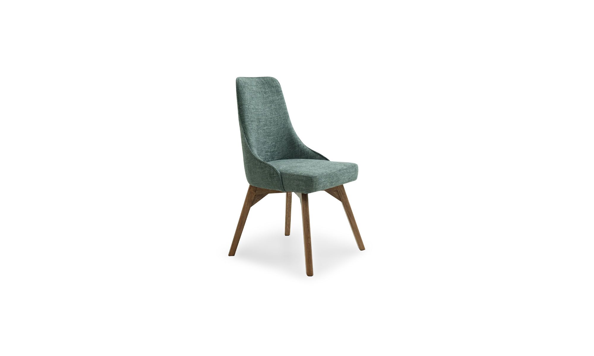 3,4 VELA Silla Comedor Vela de la marca Aristas vista en perspectiva diagonal. Un diseño elegante en el color de tela Victoria Verde Oscuro, con un respaldo alto y patas anguladas en madera.