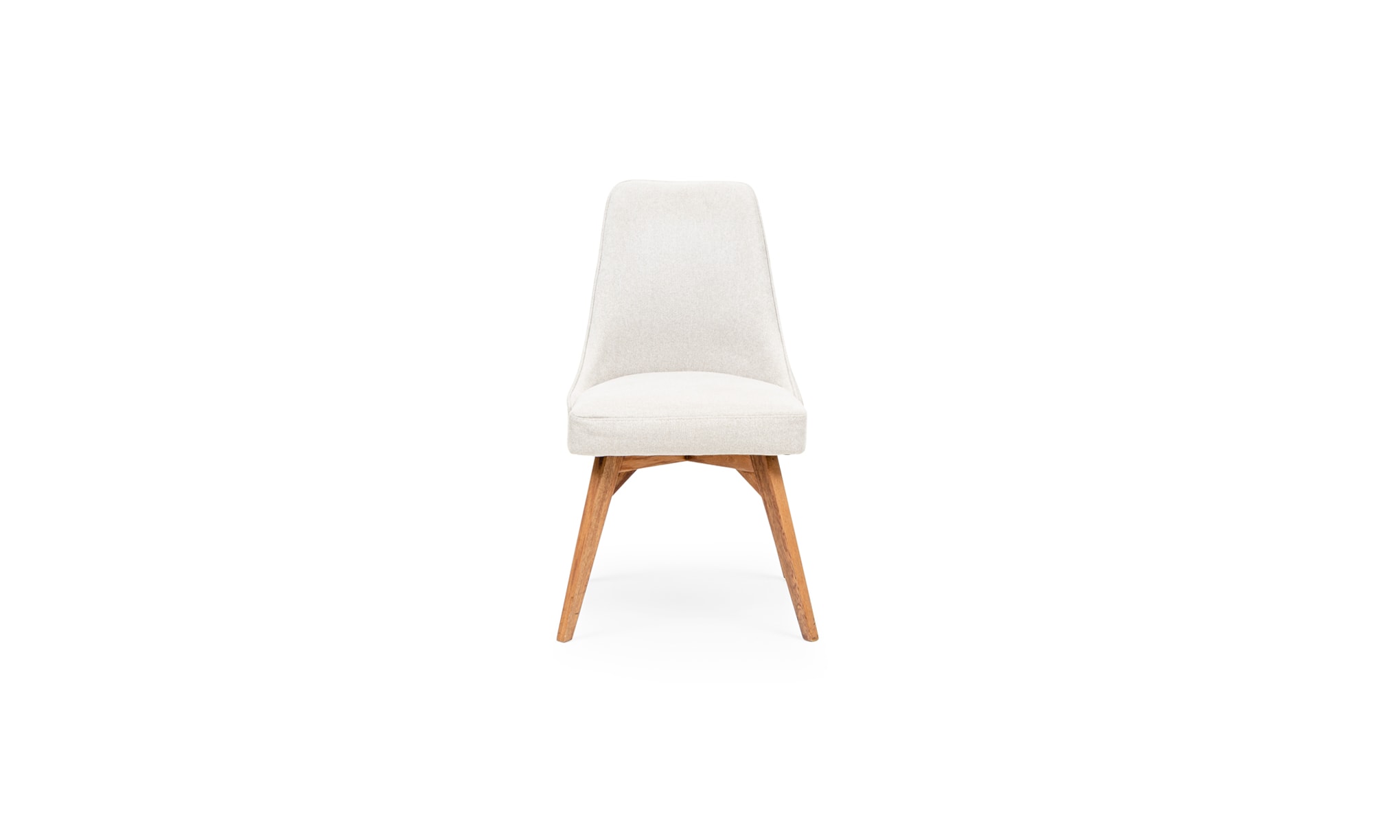 2616 Silla Comedor Vela de la marca Aristas vista en perspectiva frontal. Presenta un diseño elegante y moderno en el color de tela Gante Marfil, con un respaldo alto y patas en madera.