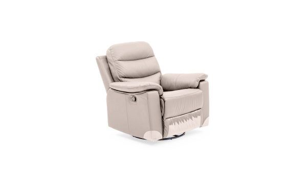 Poltrona Reclinable Manual Cuero 1204b de la marca Aristas, vista en perspectiva diagonal. Un diseño acolchado y reclinable tapizado en cuero beige.