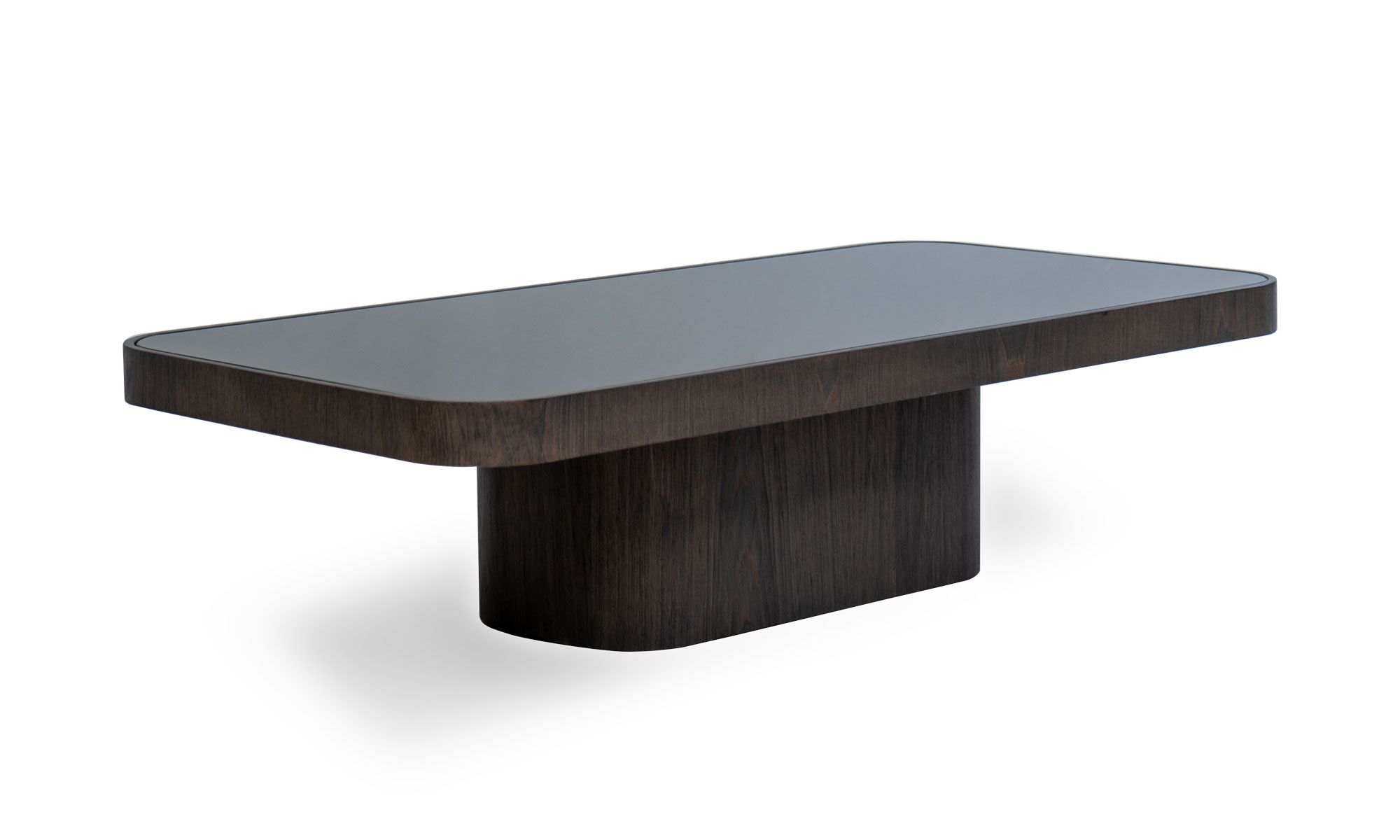 3,4 ROMA Vista diagonal de la Mesa de Centro Roma rectangular de la marca Aristas. Un diseño elegante y minimalista que destaca por su estructura robusta en madera.