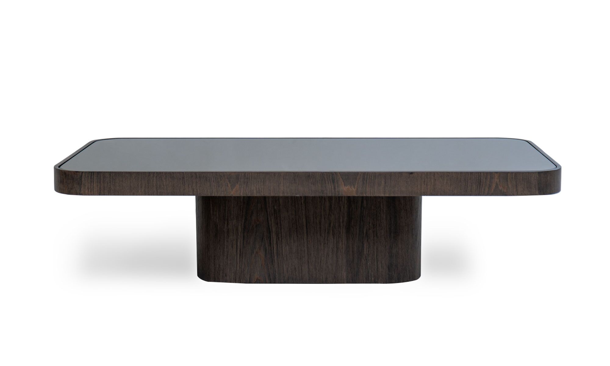 frente ROMA Vista frontal de la Mesa de Centro Roma rectangular de la marca Aristas. Un diseño moderno y minimalista que destaca por su estructura robusta en madera y su superficie en espejo.