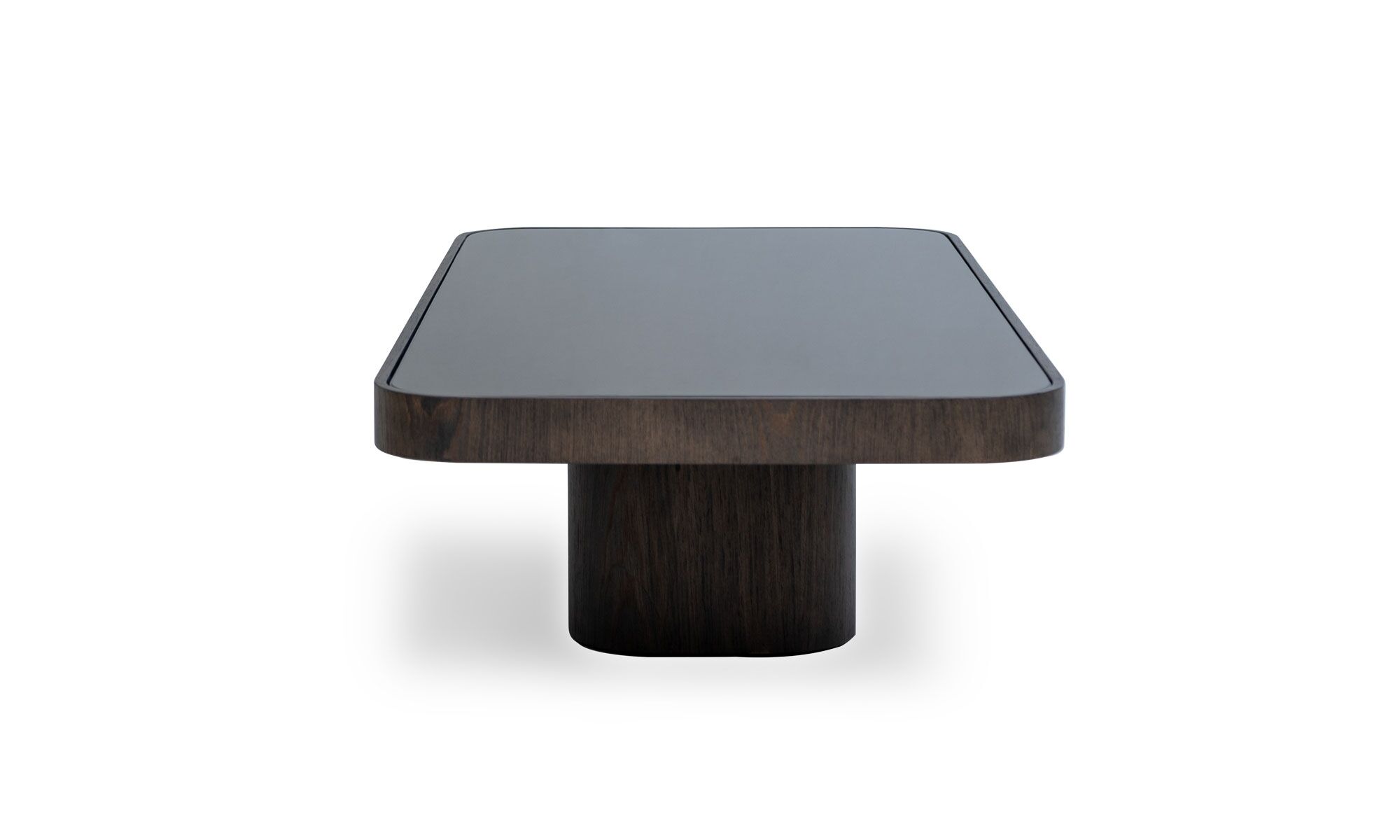 vertical ROMA Vista lateral de la Mesa de Centro Roma rectangular de la marca Aristas. Un diseño moderno y minimalista que destaca por su estructura robusta en madera color Ceniza y superficie en espejo.