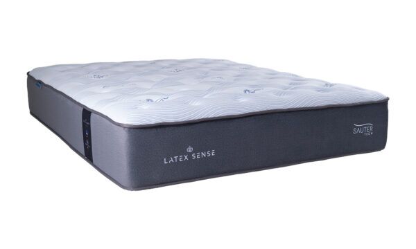 Colchón Latex Sense de la marca Sauter tech, visto en diagonal. Un diseño con tecnología 5 zone pocket spring y un núcleo de látex natural.