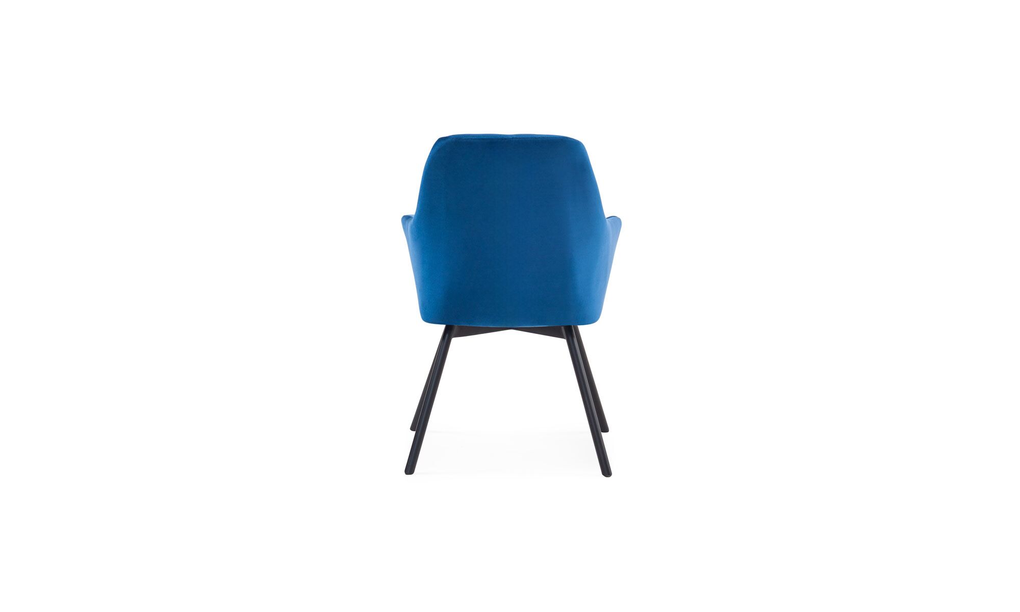 4-Silla Comedor Odense PN Silla Comedor Odense P/N de la marca Aristas vista en perspectiva posterior. Presenta un diseño elegante y contemporáneo, con un respaldo alto, tapizado en tela suave de color Dickens Azul Profundo y patas rectas metálicas.