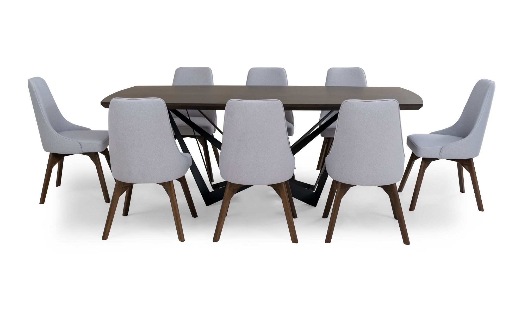 Comedor-Versalles-8-sillas-Vela-Frente Vista frontal de la Mesa Comedor Versalles con 8 sillas Vela de la marca Aristas. La mesa presenta un diseño rectangular en madera color Chocolate. Las sillas Vela, tienen un respaldo alto y un acabado en tela suave.