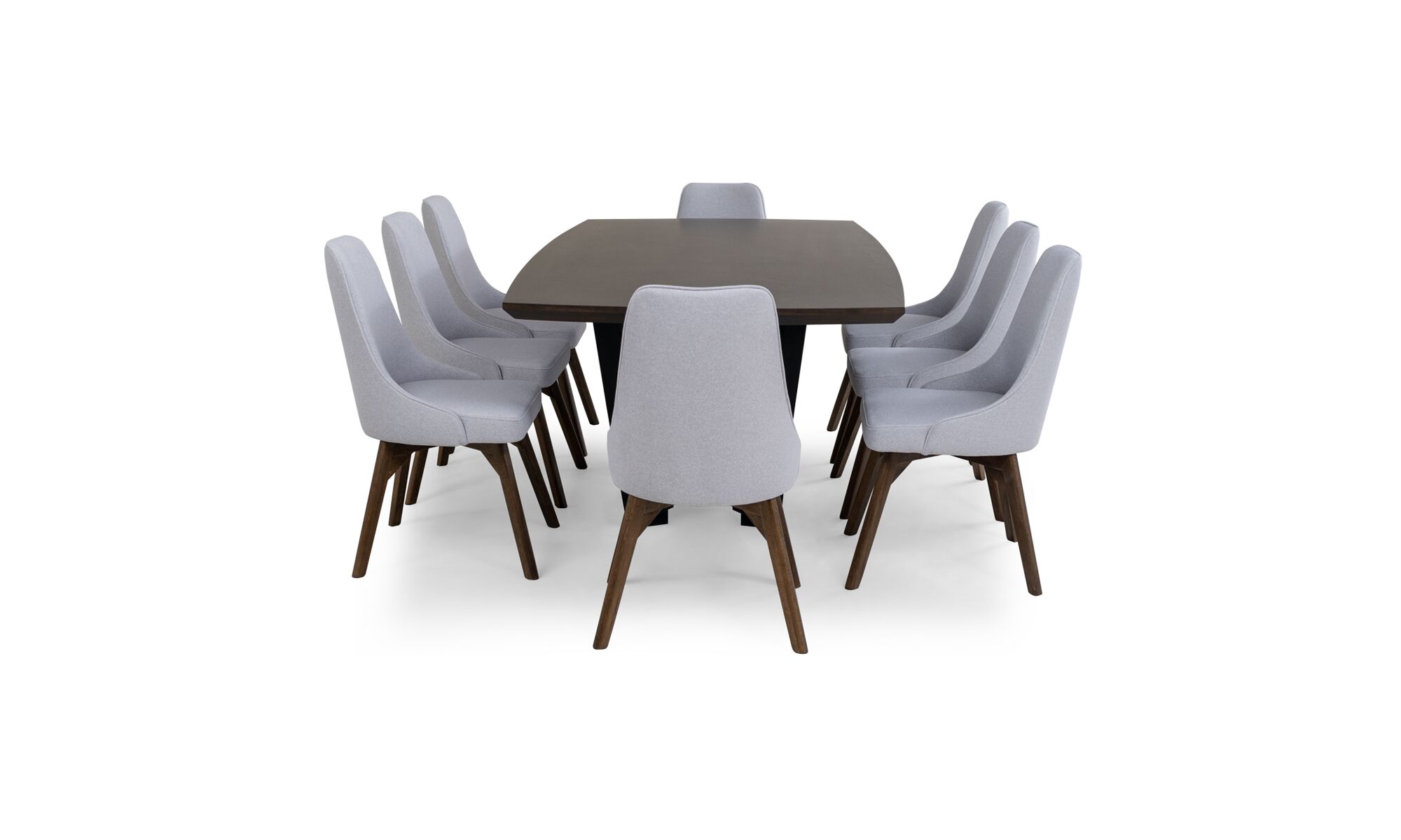 Comedor-Versalles-8-sillas-Vela-vertical Vista lateral de la Mesa Comedor Versalles con 8 sillas Vela de la marca Aristas. La mesa presenta un diseño rectangular clásico, con patas delicadas que aportan un toque elegante. Las sillas Vela, con respaldo alto y líneas limpias, complementan el conjunto.