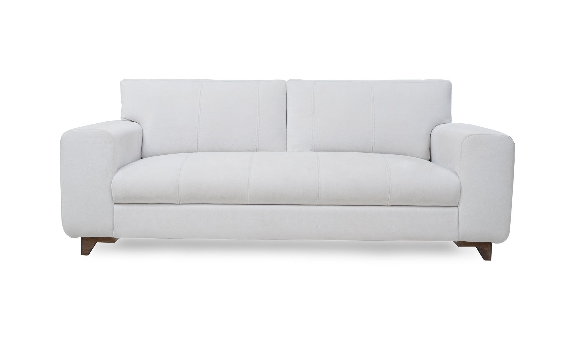 frente venetto Vista frontal del Sofá Venetto de la marca Aristas. Presenta un diseño moderno con cojines amplios y respaldo bajo, tapizado en tela de acabado liso de color Nobuck Marfil.