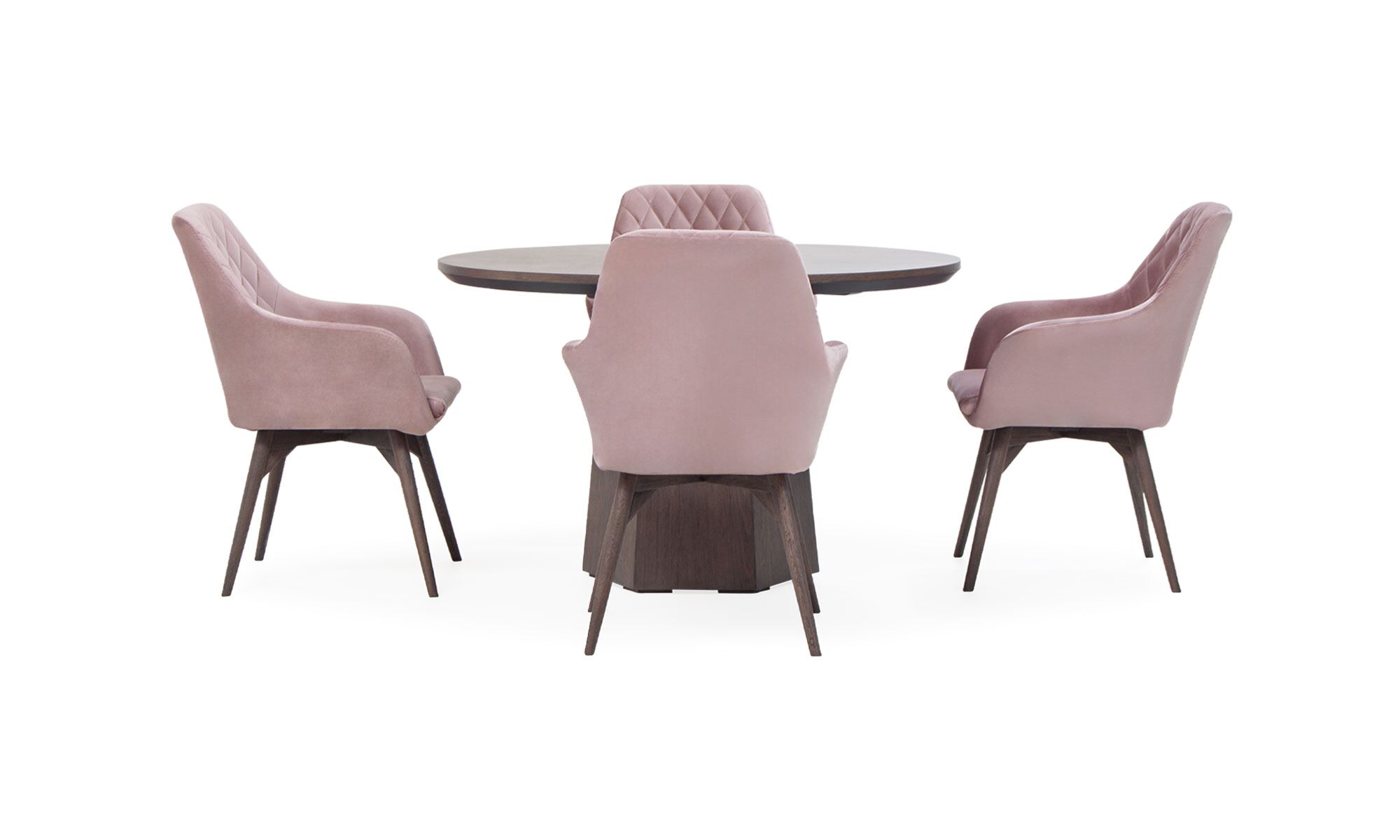 1.MESA-COMEDOR-MILANO-REDONDA-+-4-SILLAS-ODENSE Vista en cruz de la Mesa Comedor Milano Redonda con 4 sillas Odense de la marca Aristas. La mesa presenta una superficie redonda en roble europeo y una base gruesa en madera color Chocolate. Las sillas Odense, tapizadas en tela de color suave, presentan respaldos curvados y líneas rectas en las costuras, complementando el conjunto con un toque elegante.