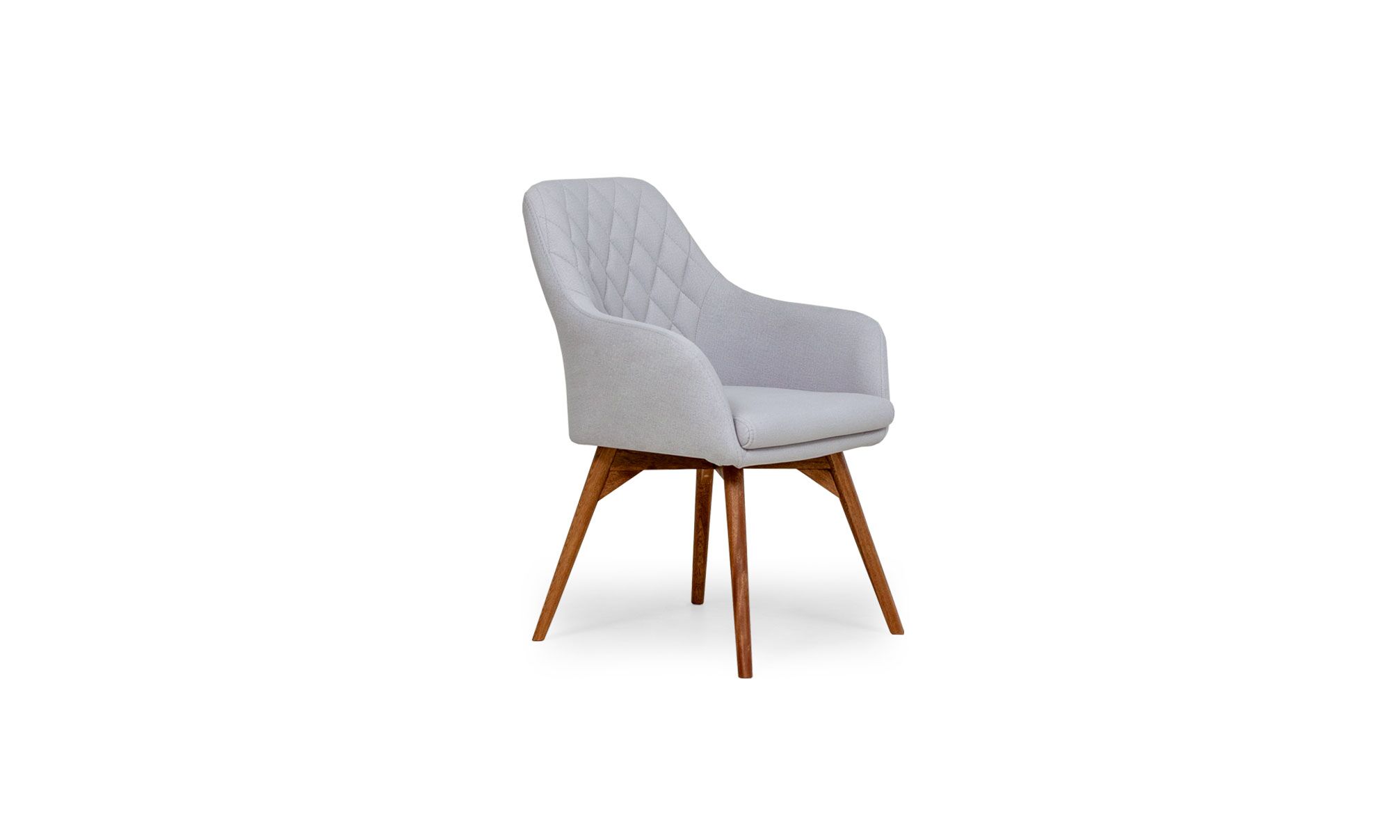 SILLA-COMEDOR-ODENSE-1 Vista diagonal de la Silla Comedor Odense de Aristas. Un diseño moderno con un respaldo alto y elegante, tapizado en tela suave. Tiene un asiento acolchado y patas largas, delgadas en madera.