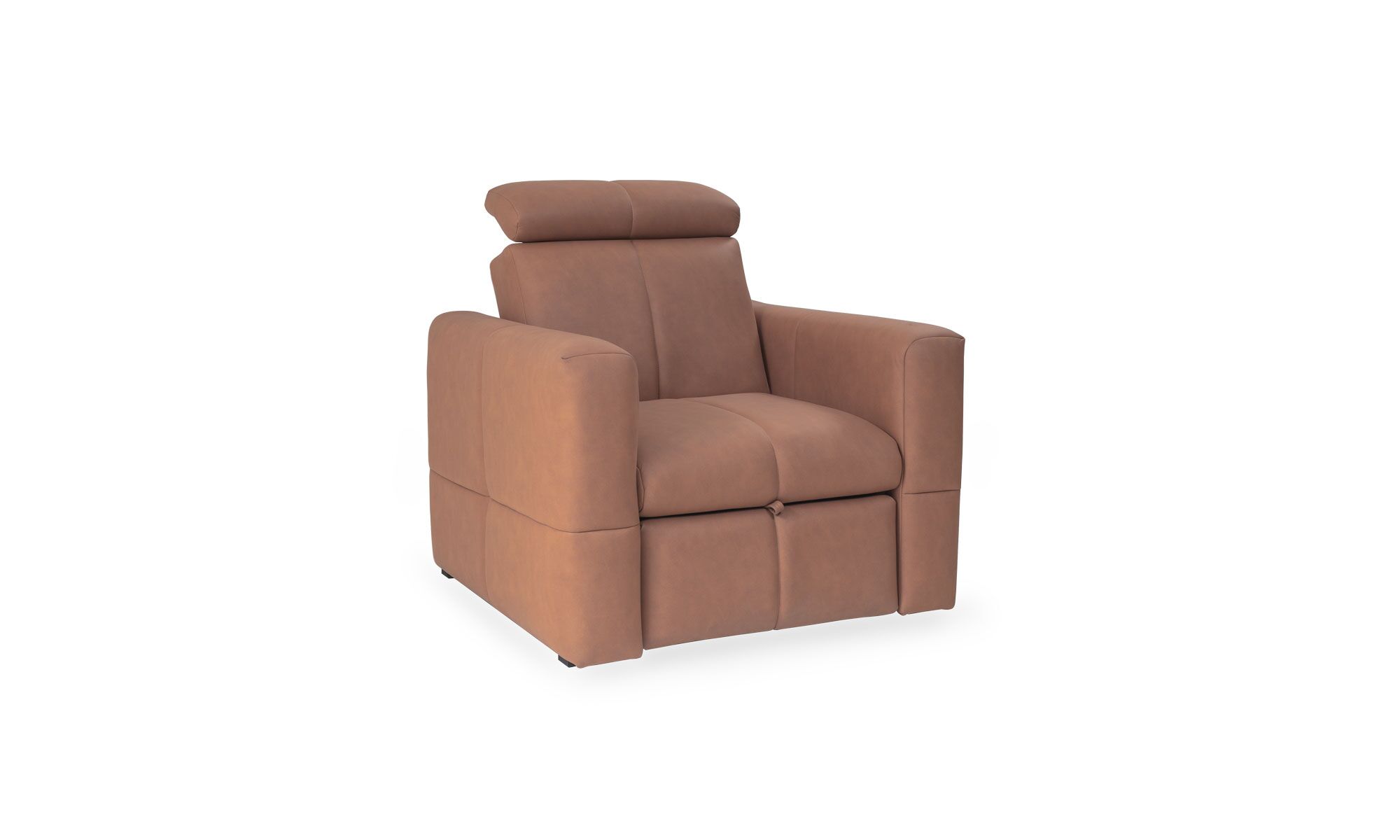 Vista diagonal de la Poltrona Cama Barcelona de Aristas. Un diseño en el color Nobuck Coñac con líneas rectas y un asiento amplio y acolchado. El respaldo es ajustable, permitiendo su transformación en cama.
